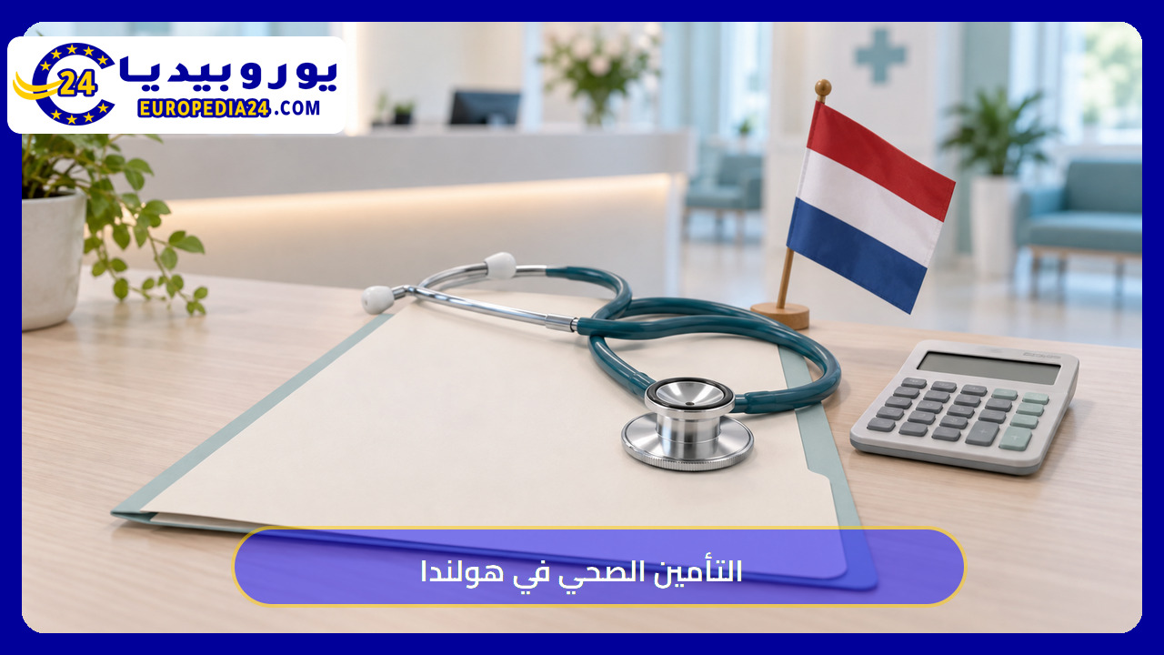 تصوير توضيحي للتأمين الصحي مع سماعة طبية وعلم هولندا