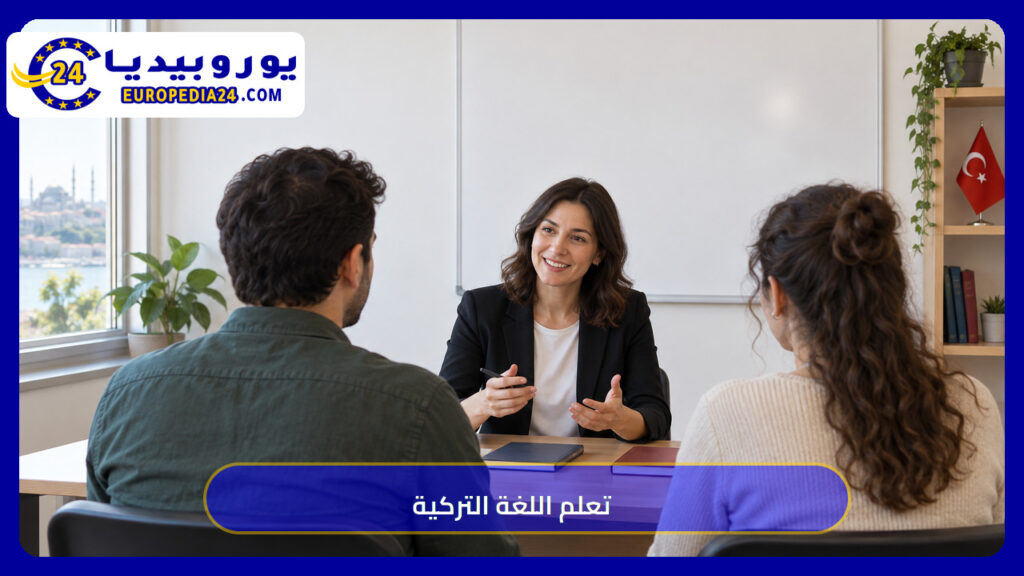 تعلم اللغة التركية 2026: شرط الجنسية الحقيقي وتكلفة التومر 1 معلمة تتحدث مع بالغين في درس لتعلم التركية