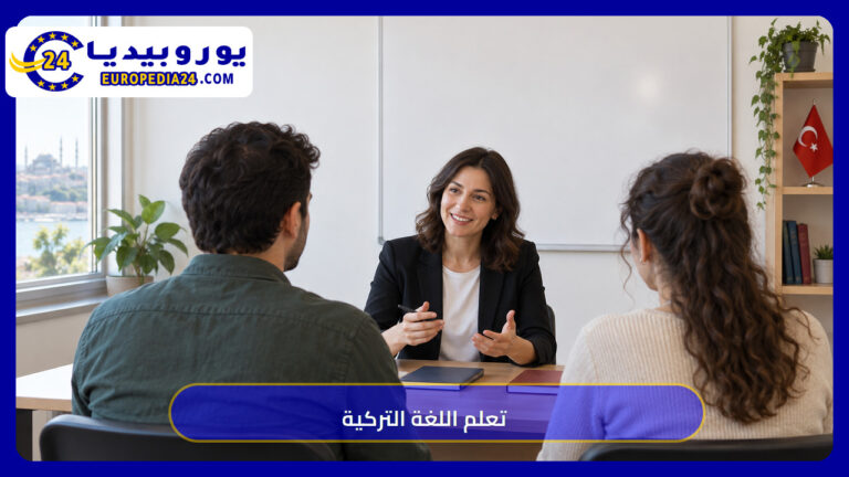 تعلم اللغة التركية 2026: شرط الجنسية الحقيقي وتكلفة التومر 5 معلمة تتحدث مع بالغين في درس لتعلم التركية
