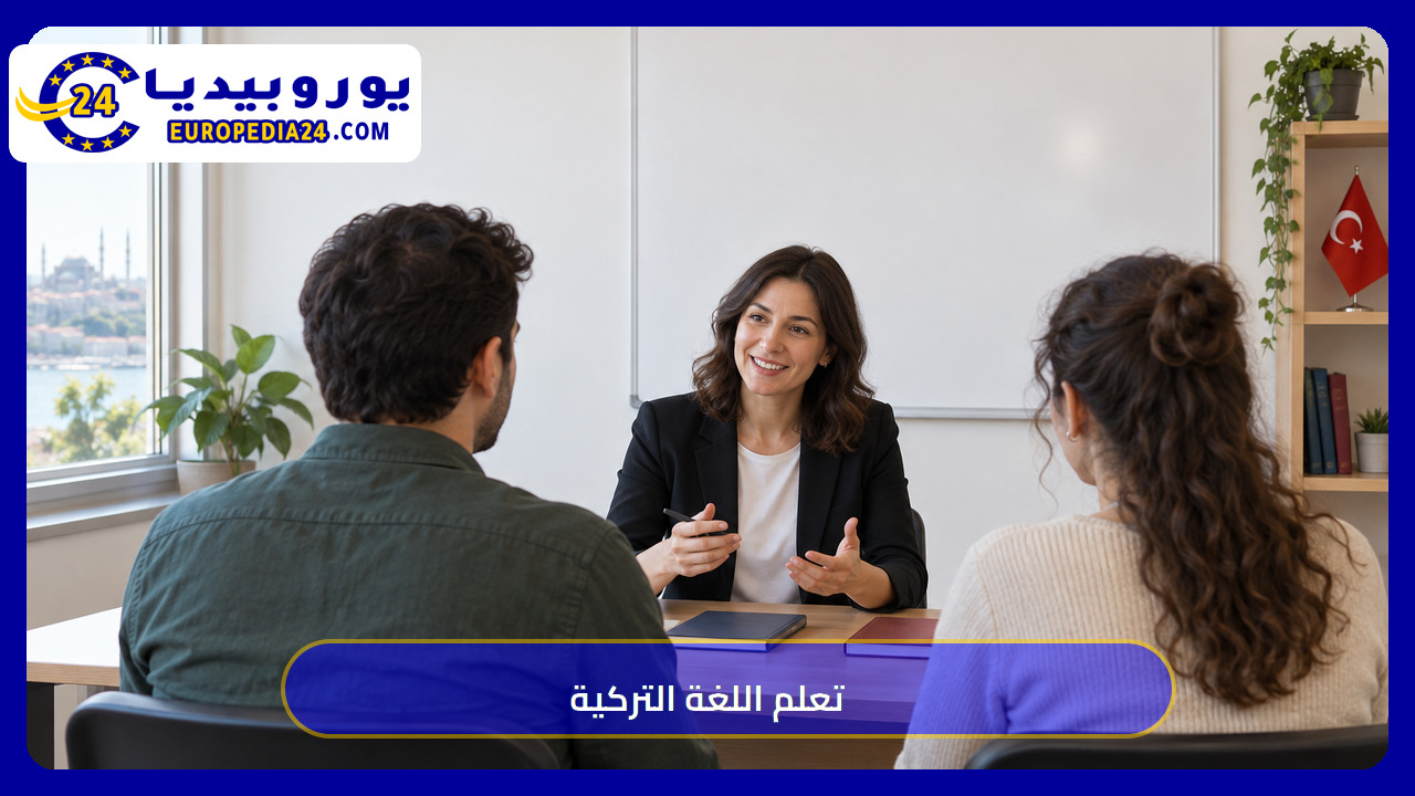 معلمة تتحدث مع بالغين في درس لتعلم التركية