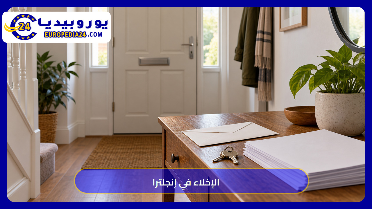 ظرف وملف بجوار باب منزل لتوضيح مراجعة إشعار إنهاء الإيجار